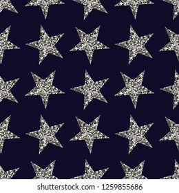 Silver stars. Dark black background. Seamless pattern. Vector illustration. The texture of glitter.