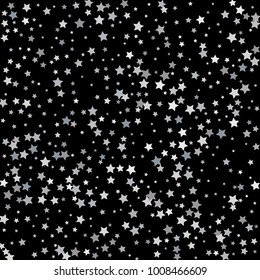Silver stars falling from the sky on black background. Abstract Background. Glitter pattern for banner or holiday cards. Vector illustration.