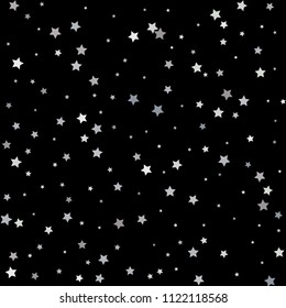 Silver stars falling from the sky on black background. Abstract Background. Glitter pattern for banner. Vector illustration.