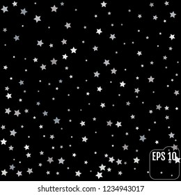 Silver stars falling from the sky on black background. Abstract Background. Glitter pattern for banner. Vector illustration.