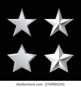 Silver stars gleam with sharp edges. Each star shows a different angle and light reflection. They shine brightly against a plain black background. Perfect for rating, excellence, or achievement themes
