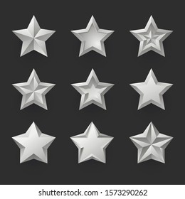 Silver stars isolated realistic vector illustrations set. Awards, rating symbols collection. Metal shapes decorative cliparts. Steel chrome elegant stars desorative elements on dark background