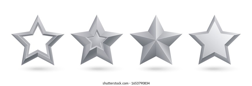 Silver stars. Realistic metal golden stars isolated for rating and holiday decoration vector set