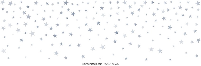 Silberstars, Vektorhintergrund, funkelnde Weihnachtskonfetti, die einzeln auf Weiß fallen. zauberhafte, leuchtende fliegende Sterne glänzen Hintergrund, glänzende Grenze