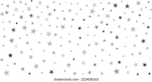 Estrellas plateadas de fondo vectorial, confeti navideño que cae aislado en blanco. estrellas voladoras mágicas brillan fondo, borde brillante