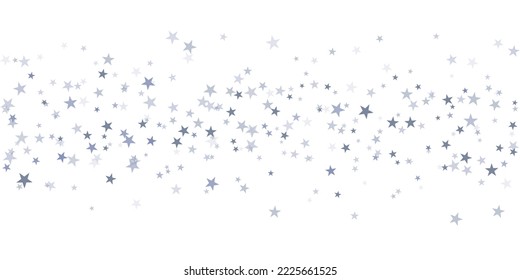 Silberstars, Vektorhintergrund, funkelnde Weihnachtskonfetti, die einzeln auf Weiß fallen. zauberhafte, leuchtende fliegende Sterne glänzen Hintergrund, glänzende Grenze