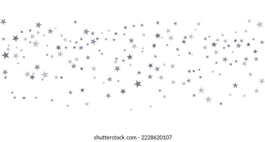 Silver stars vector background, sparkling Christmas confetti border falling isolated on white. flying stars glitter backdrop