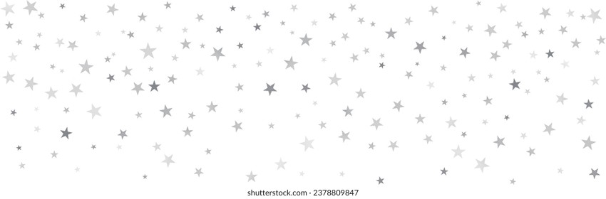 Silver stars vector background, sparkling Christmas confetti falling isolated on white. magic shining flying stars glitter backdrop, sparkle border