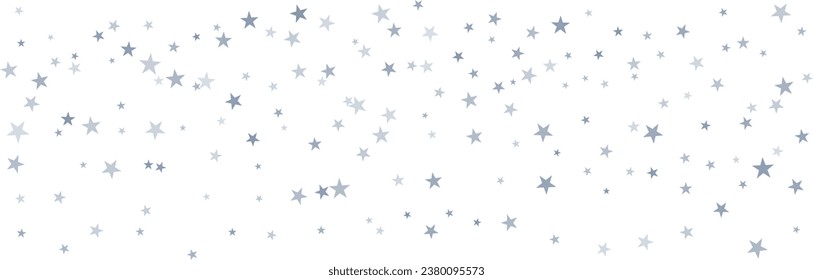 Silberstars, Vektorhintergrund, funkelnde Weihnachtskonfetti, die einzeln auf Weiß fallen. zauberhafte, leuchtende fliegende Sterne glänzen Hintergrund, glänzende Grenze