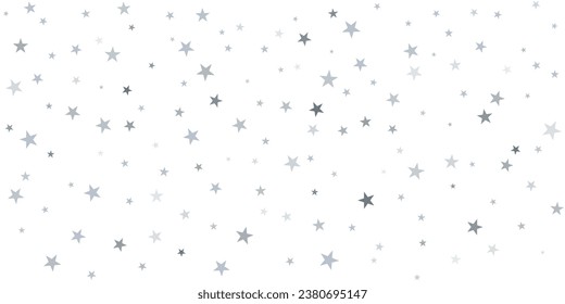 Silver stars vector background, sparkling Christmas confetti falling isolated on white. magic shining flying stars glitter backdrop, sparkle border