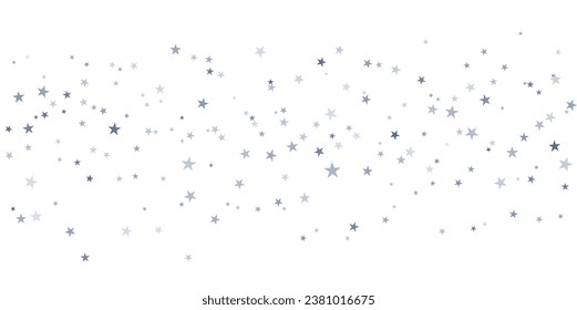 Silberstars, Vektorhintergrund, funkelnde Weihnachtskonfetti, die einzeln auf Weiß fallen. zauberhafte, leuchtende fliegende Sterne glänzen Hintergrund, glänzende Grenze