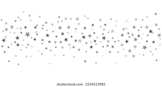 Silberne Sterne, Vektorhintergrund, funkelndes Weihnachtskonfetti, fallende Magie, funkelndes Funkeln, fliegende Sterne, glitzernder Rand
