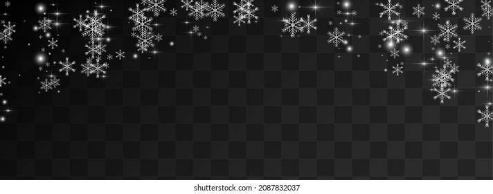 Silver Stars Vector Panoramic Transparent Background. White Elegant Snowstorm Texture. Bokeh Snowflake Wallpaper. Xmas Flake Pattern.