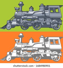 silver steam train locomotive from the lower left view isolated on green background vector illustration