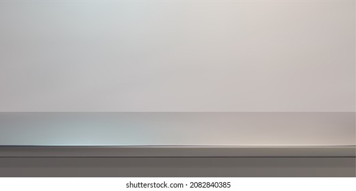 Silver steel countertop, empty shelf. Vector realistic mockup of table top, kitchen counter on gray background with spot light. Bar desk surface in foreground - Shutterstock ID 2082840385