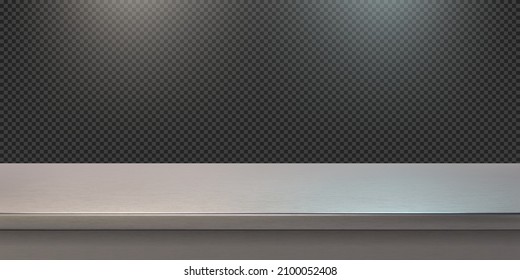 Silver steel countertop, empty shelf. Vector realistic mockup of table top, kitchen counter on transparent background with spot light. Bar desk surface in foreground