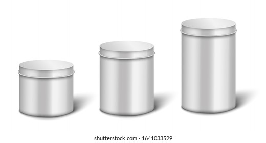 Silver or steel metal blank boxes or containers 3d realistic vector illustrations set isolated on white background. Food products cylinder can, packaging for store.