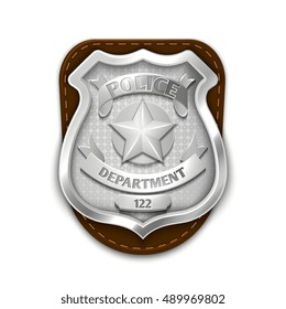 Silver steel police, security badge isolated on white background vector illustration. Emblem for sheriff or policeman