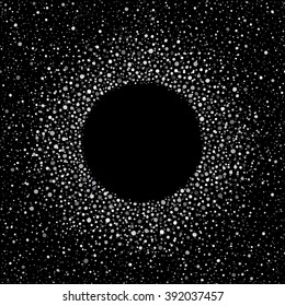 Silver or steel splash or glittering spangles round frame with empty center for text. Silver circle made of tiny uneven dots abstract background. Iron blobs textured round frame on black backdrop. 