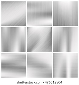 Silver, steel, titanium, aluminium metal vector brushed textures. Metallic surface material illustration