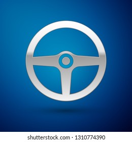 Silver Steering wheel icon isolated on blue background. Car wheel icon. Vector Illustration