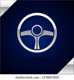 Silver Steering wheel icon isolated on dark blue background. Car wheel icon.  Vector Illustration