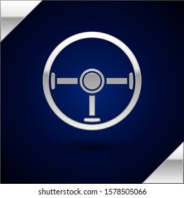 Silver Steering wheel icon isolated on dark blue background. Car wheel icon.  Vector Illustration