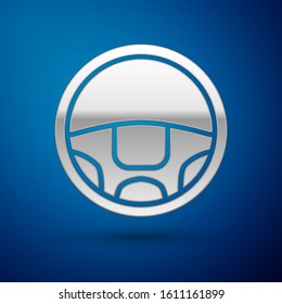 Silver Steering wheel icon isolated on blue background. Car wheel icon.  Vector Illustration