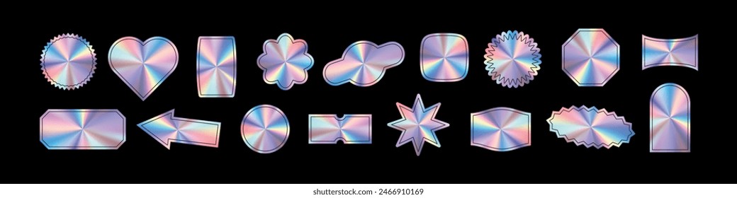Silver sticker with hologram texture and gradient. Holograph label and sale tag shape. Flat vector illustration isolated on white background.