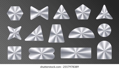 Silver stickers pack, metallic labels, shiny paper tape in various shapes.