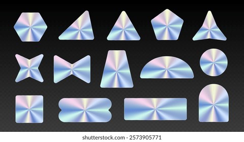 Silver stickers pack, metallic labels, shiny paper tape in various shapes.