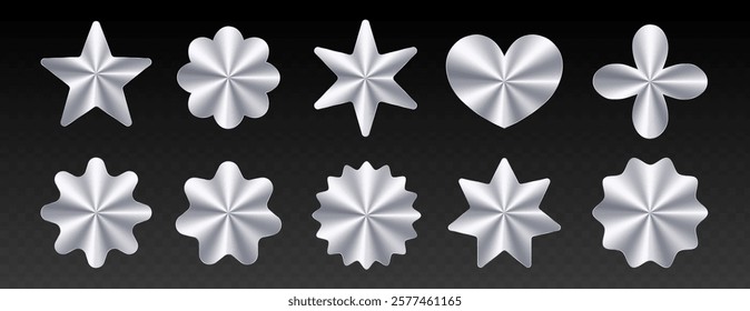 Silver stickers pack, metallic labels, shiny paper tape in various shapes.