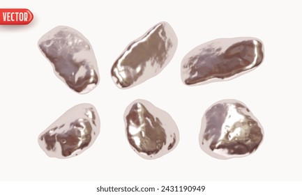 Silver stones nugget, rock minerals. Set of silver metal nuggets of different shapes of objects realistic 3d design. Design elements isolated on white background. Vector illustration