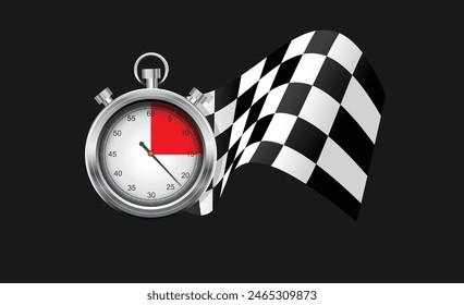 Silver Stopwatch and Checkered Racing Flag Against Dark Background. Racing vector illustration. 