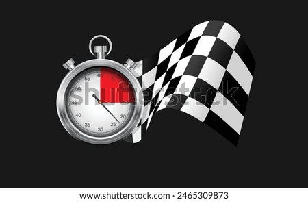 Silver Stopwatch and Checkered Racing Flag Against Dark Background. Racing vector illustration. 