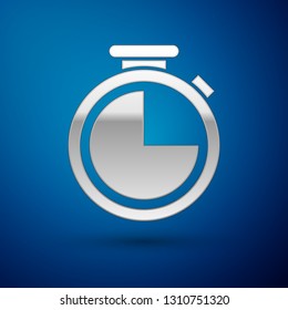 Silver Stopwatch icon isolated on blue background. Time timer sign. Vector Illustration