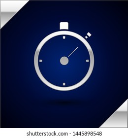 Silver Stopwatch icon isolated on dark blue background. Time timer sign. Chronometer sign.  Vector Illustration
