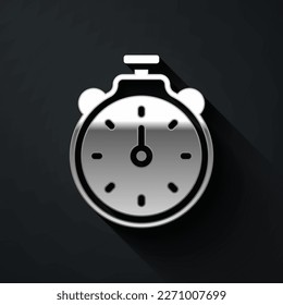Silver Stopwatch icon isolated on black background. Time timer sign. Chronometer sign. Long shadow style. Vector