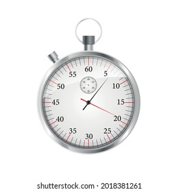 Silver stopwatch on a white background. Timer. Realistic style. Stock Vector illustration. Clock. Alarm. Time. Distance race. Sport. Arrow. Vintage subject. Background. Beautiful design. Isolated.
