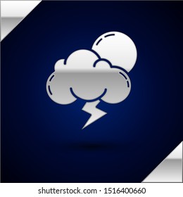 Silver Storm icon isolated on dark blue background. Cloud with lightning and sun sign. Weather icon of storm.  Vector Illustration