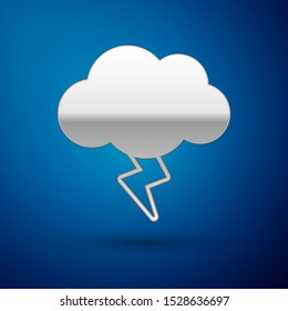 Silver Storm icon isolated on blue background. Cloud and lightning sign. Weather icon of storm.  Vector Illustration