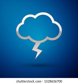 Silver Storm icon isolated on blue background. Cloud and lightning sign. Weather icon of storm.  Vector Illustration