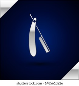 Silver Straight razor icon isolated on dark blue background. Barbershop symbol.  Vector Illustration