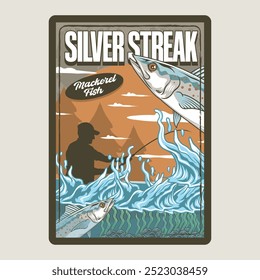 Silver Streak Spanish Mackerel Fish Sport Fishing in Colorful Vector Cartoon Modern Illustration for Poster