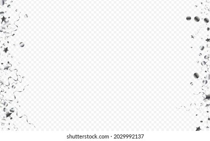Silver Streamer Decoration Vector Transparent Background. Flying Spiral Invitation. Star Carnival Illustration. Silver Isolated Branch.