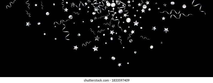Silver Streamer Fun Vector Panoramic Black Background. Paper Confetti Invitation. Ribbon Flying Branch. Silver Celebrate Poster.