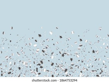 Silver Streamer Happy Vector Blue Background. Shiny Star Invitation. Serpentine Carnival Poster. Silver Fun Branch.