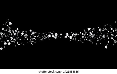 Silver Streamer Party Vector Black Background. Anniversary Confetti Invitation. Ribbon Festive Branch. Silver Abstract Poster.
