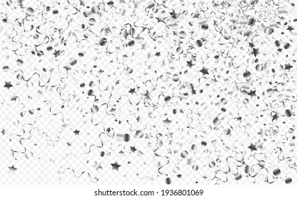 Silver Streamer Shiny Vector Transparent Background. Isolated Serpentine Plant. Ribbon Christmas Poster. Silver Festive Illustration.