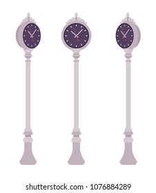 Silver street clock set. Sidewalk post streetscape or park setting device for measuring time, hours, minutes. Landscape architecture and urban design concept. Vector flat style cartoon illustration